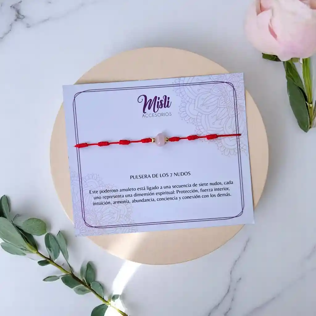 Detalle De Producto Pulsera Protección 7 Nudos Con Cuarzo Rosado