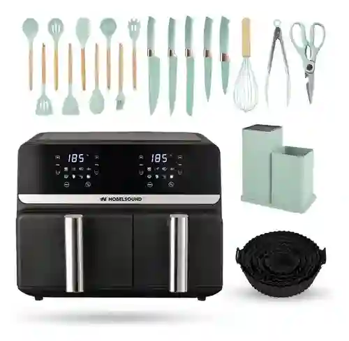 Freidora De Aire Nobelsound Air Fryer Doble Bandeja Con Accesorios Y Moldes 9 Litros