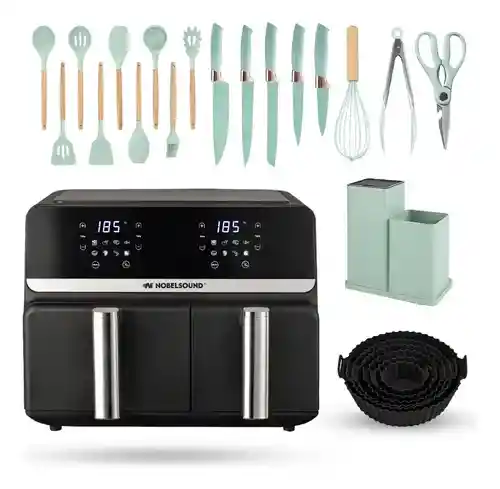 Freidora De Aire Nobelsound Air Fryer Doble Bandeja Con Accesorios Y Moldes 9 Litros
