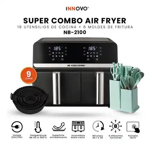 Freidora De Aire Nobelsound Air Fryer Doble Bandeja Con Accesorios Y Moldes 9 Litros