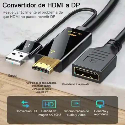 Hdmi A Dp,convertidor Con Fuente De Alimentación Hd 4k60hz