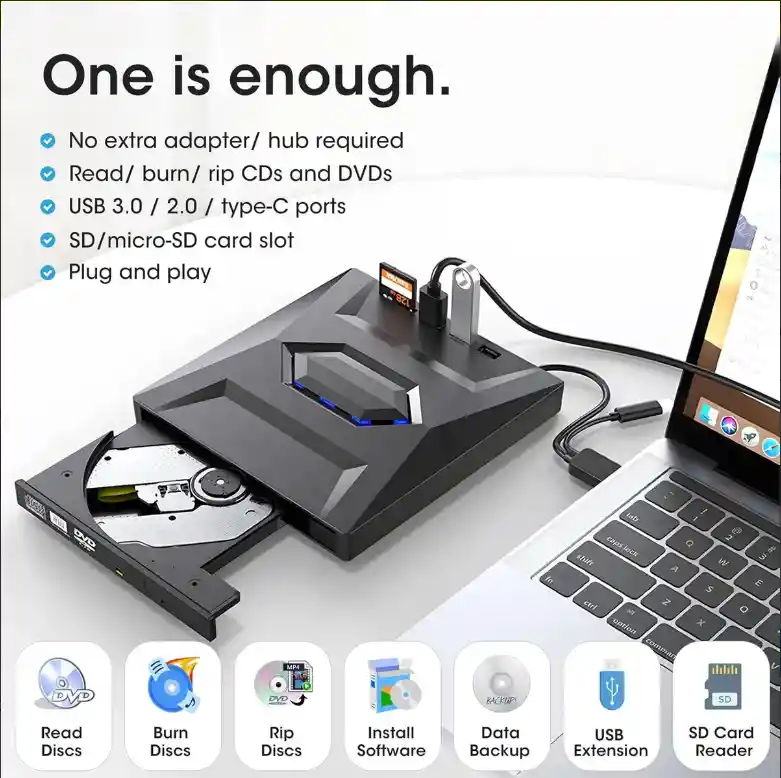 Unidad Quemadora Externa Cd Dvd 5 En 1 Tipo C Usb 3.0