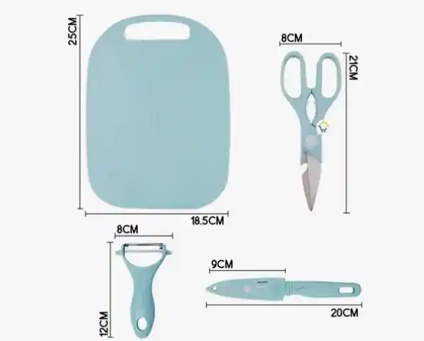 Kit Cocina 4 Piezas Tabla De Picar Cuchillo Tijera 19coci