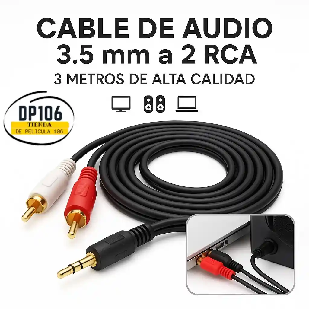Cable 3.5 Mm A 2 Rca Macho De 3 Metros