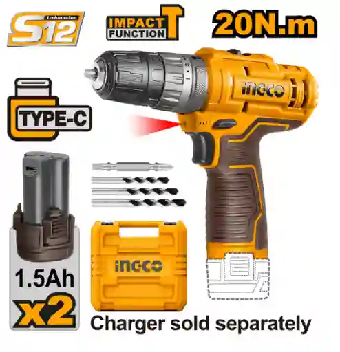Ingco Taladro Inalámbrico Impacto M3/8 12v 20nm 2 Baterías Sin Cargador Cidli12202