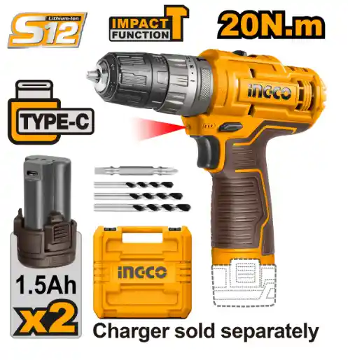 Ingco Taladro Impacto M3/8 12v 20nm 2 Baterias Sin Cargador Cidli12202