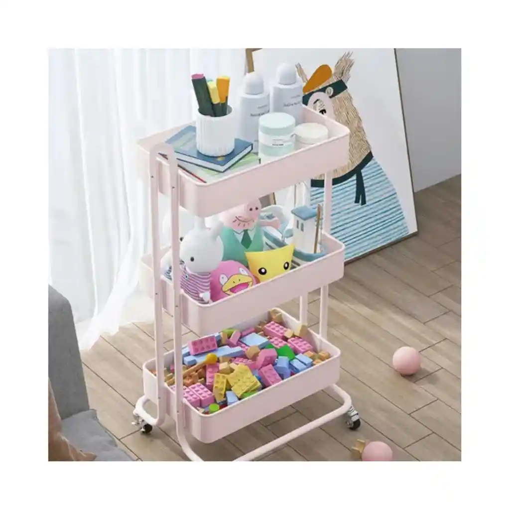 Carrito Organizador Multiusos Con 3 Estantes De Acero Con Rueda Rosa