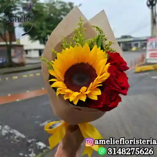 Bouquet De Girasol Y 3 Rosas Tela Cambre