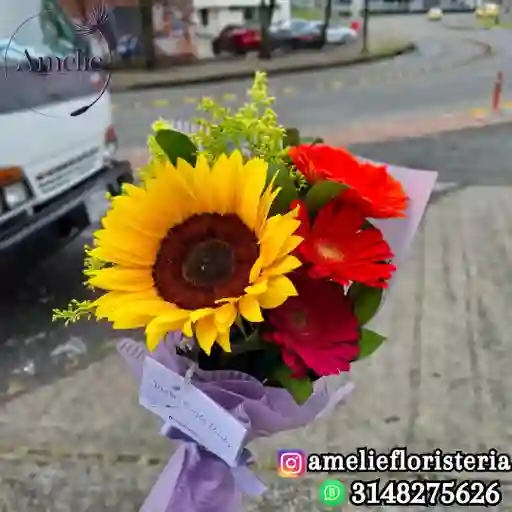 Bouquet De Girasol Y 3 Gerberas Papel Coreano