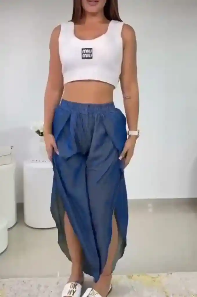 Pantalon Palazzo Ancho Aberturas Al Frente En Chambray(denim)