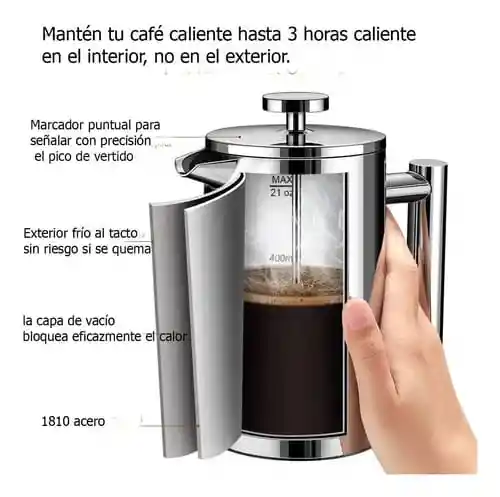 Prensa Francesa Acero Inoxidable Doble Pared Triple Filtro 600ml