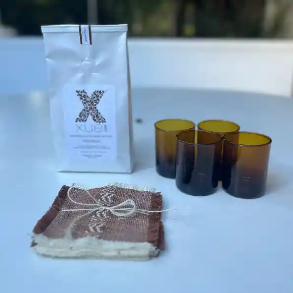 Kit Regalo Café Ensamblade De Gran Arltura + Porta Vasos + Set X4 Vasos Vidrio Soplado