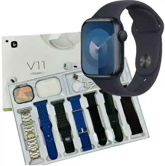 Combo Smartwatch V11clasic + Audífonos + 7 Manillas Negro Y Azul