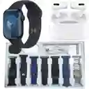 Combo Smartwatch V11clasic + Audífonos + 7 Manillas Negro Y Azul
