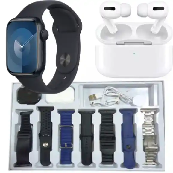 Combo Smartwatch V11clasic + Audífonos + 7 Manillas Negro Y Azul
