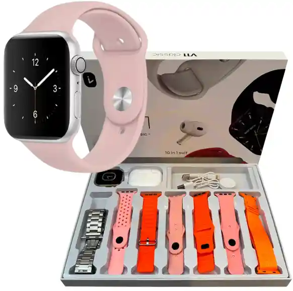 Combo Smartwatch V11clasic + Audífonos + 7 Manillas Rosa Y Naranja