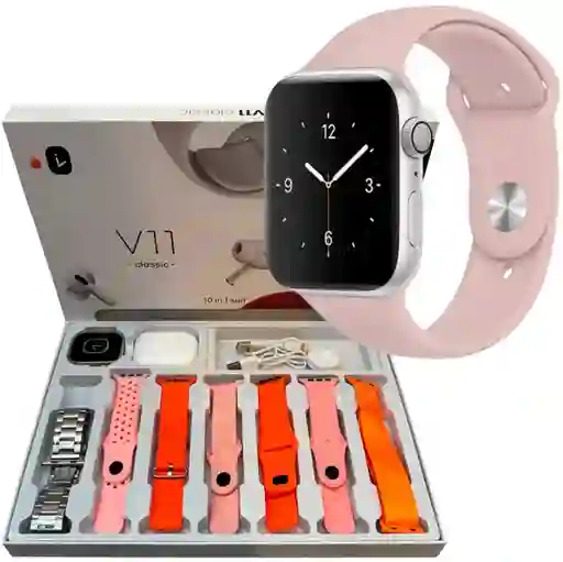 Combo Smartwatch V11clasic + Audífonos + 7 Manillas Rosa Y Naranja