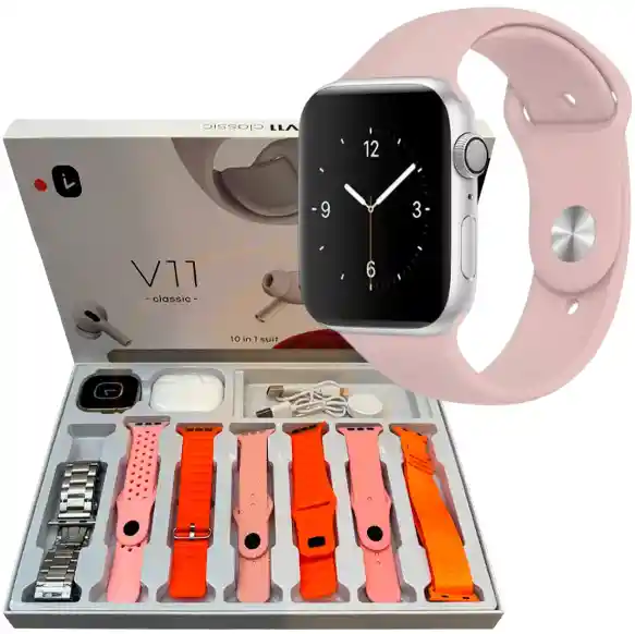 Combo Smartwatch V11clasic + Audífonos + 7 Manillas Rosa Y Naranja
