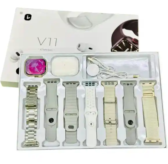 Combo Smartwatch V11clasic + Audífonos + 7 Manillas Gris Y Beige