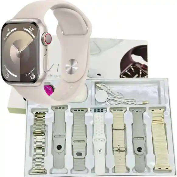 Combo Smartwatch V11clasic + Audífonos + 7 Manillas Gris Y Beige