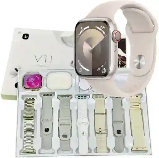 Combo Smartwatch V11clasic + Audífonos + 7 Manillas Gris Y Beige