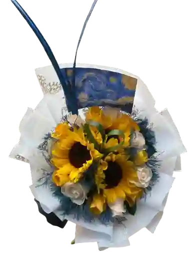 🌹🌻 Bouquet "noche Estrellada" 🌌 Girasol + Rosa
