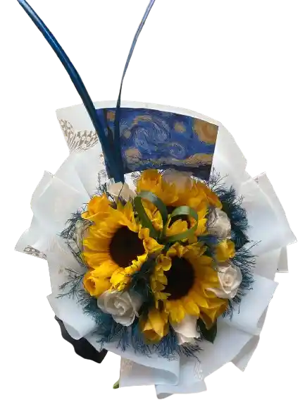🌹🌻 Bouquet "noche Estrellada" 🌌 Girasol + Rosa