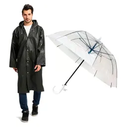 Kit Sombrilla Paraguas Transparente + Capa Carpa Lluvia Adulto Negro Hongo Blanco