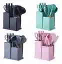 Set Utensilios De Cocina 19 Piezas Negro Gris Cuchillos Espátulas Batidor Con Base Juego De Utensilios Hogar