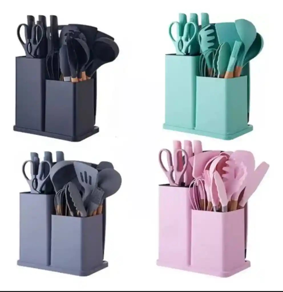 Set Utensilios De Cocina 19 Piezas Negro Gris Cuchillos Espátulas Batidor Con Base Juego De Utensilios Hogar