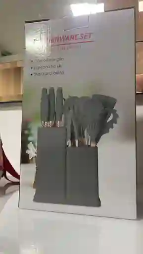 Set Utensilios De Cocina 19 Piezas Negro Gris Cuchillos Espátulas Batidor Con Base Juego De Utensilios Hogar