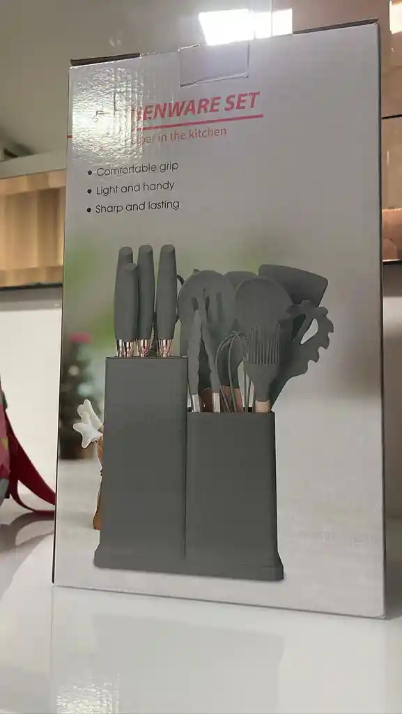 Set Utensilios De Cocina 19 Piezas Negro Gris Cuchillos Espátulas Batidor Con Base Juego De Utensilios Hogar