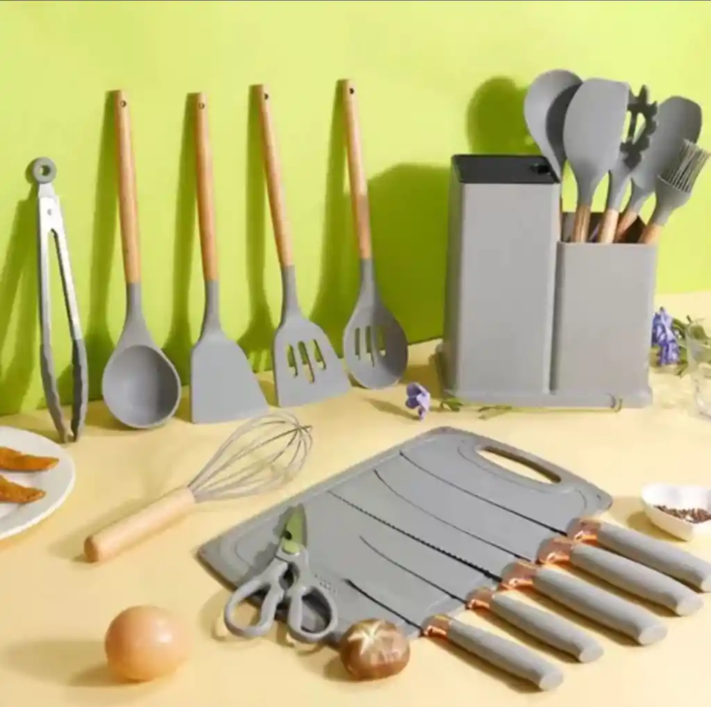 Set Utensilios De Cocina 19 Piezas Negro Gris Cuchillos Espátulas Batidor Con Base Juego De Utensilios Hogar
