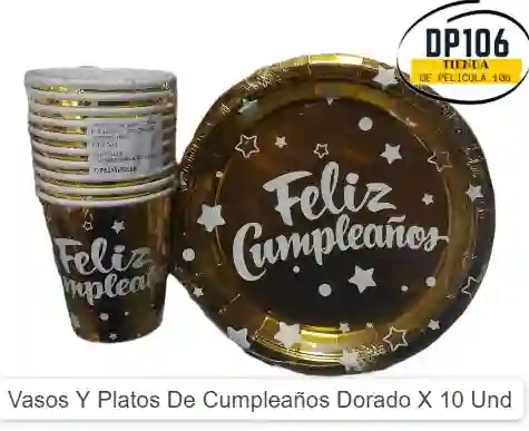 Vasos Y Platos De Cumpleaños Dorado X 10 Und