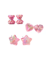 Set De Tres Aretes Osito - Corazon - Estrella Rosa Tornasol