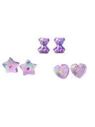 Set De Tres Aretes Osito - Corazon - Estrella Lila Tornasol