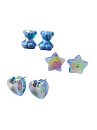 Set De Tres Aretes Osito - Corazon - Estrella Azul Tornasol