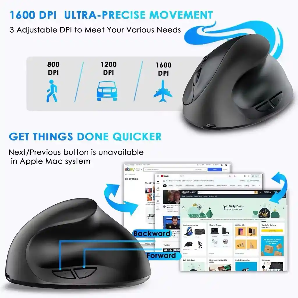 Mouse Inalambrico Vertical Recargable Negro