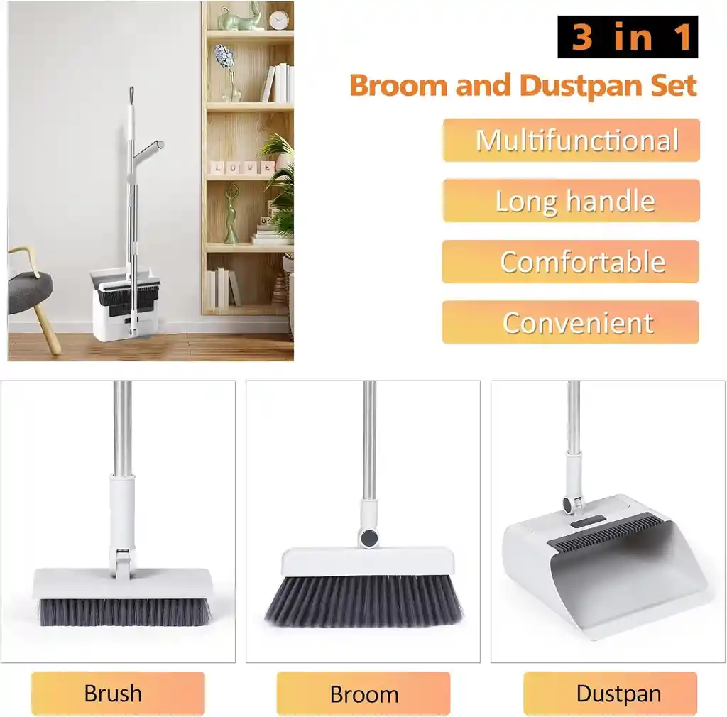 Set De Escoba Y Recogedor 3 En 1 Con Mango Largo