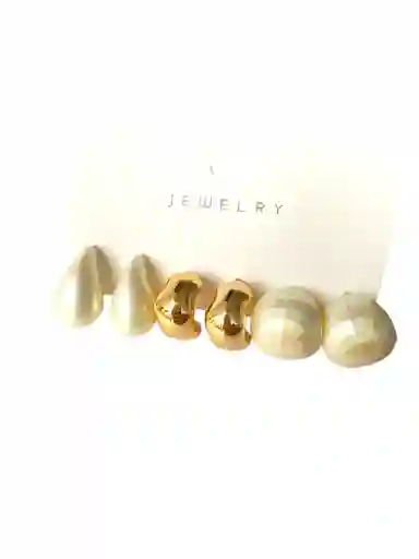 Set De Tres Candongas Nube Chunky, Entorchada Chuncky Y Gota Perlada Dorada