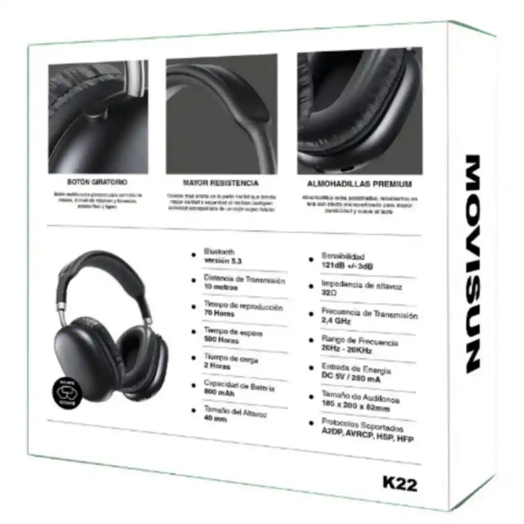 Audífonos Bluetooth K22 Movisun Diadema 70 Horas Color Negro