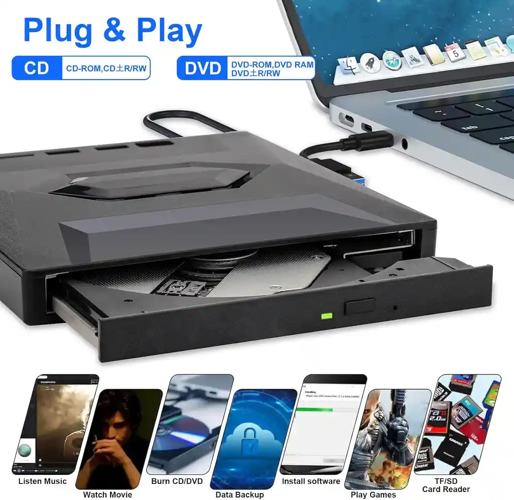 Unidad Quemadora Externa 5 En 1 Cd, Dvd-rw Sd Usb C Portable
