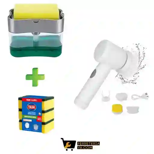 Cepillo De Cocina Electronico+esponja Multiusos X 3 Unidades+dispensador De Jabon