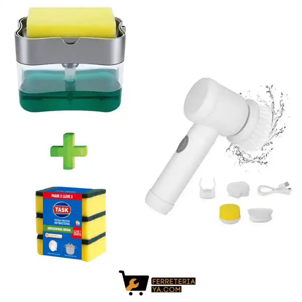 Cepillo De Cocina Electronico+esponja Multiusos X 3 Unidades+dispensador De Jabon