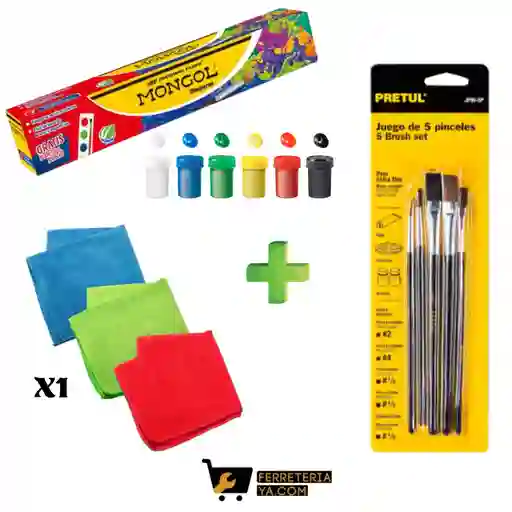 Temperas De Colores Set X 7+juego De 5 Pinceles Pretul - 24740+trapo Ó Limpion De Colores