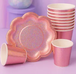 Set Platos Y Vasos Con Diseño De Flor Color Oro Rosa Paquete X10 Unidades