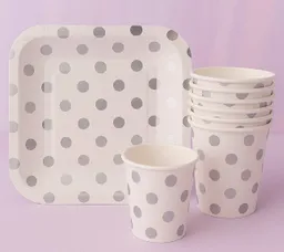 Set De Platos Cuadrados Y Vasos De Carton Con Diseño De Puntos Plateados Paquete X10 Unidades