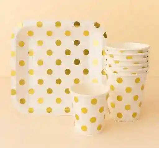 Set De Platos Cuadrados Y Vasos De Carton Con Diseño De Puntos Dorados Paquete X10 Unidades