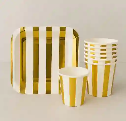 Set De Platos Cuadrados Y Vasos De Carton Con Diseño De Rayas Doradas Paquete X10 Unidades