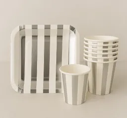 Set De Platos Cuadrados Y Vasos De Carton Con Diseño De Rayas Plateadas Paquete X10 Unidades